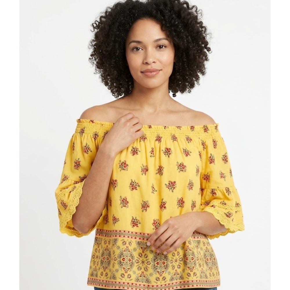 Angie Yellow Floral Off The Shoulder Smocked Boho Top Large Vacation